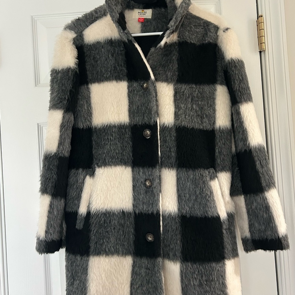 Marine Layer Black and Cream Plaid Teddy Jacket